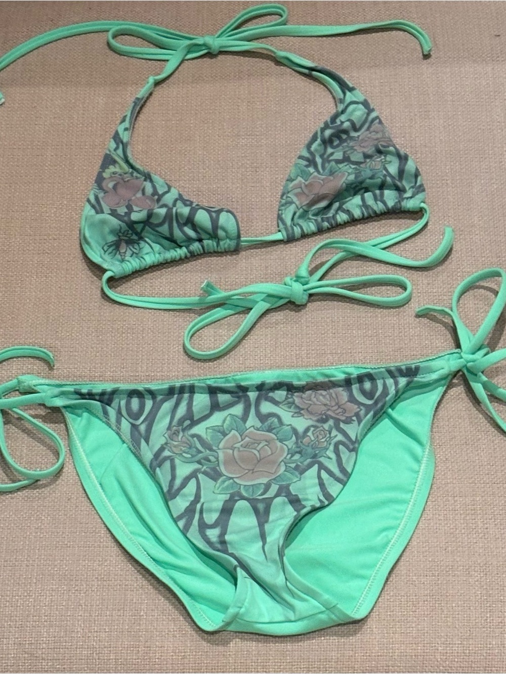 Mint Green Floral Tribal String Bikini Set - Triangle Top & Side Tie Bottoms